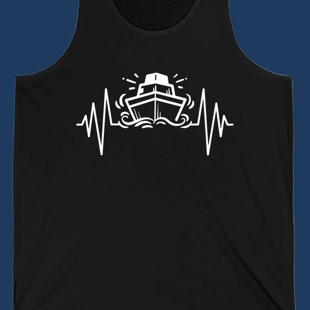 White line illustration of a cruise ship with heartbeat EKG lines extending from both sides and ocean waves below, on gray background.