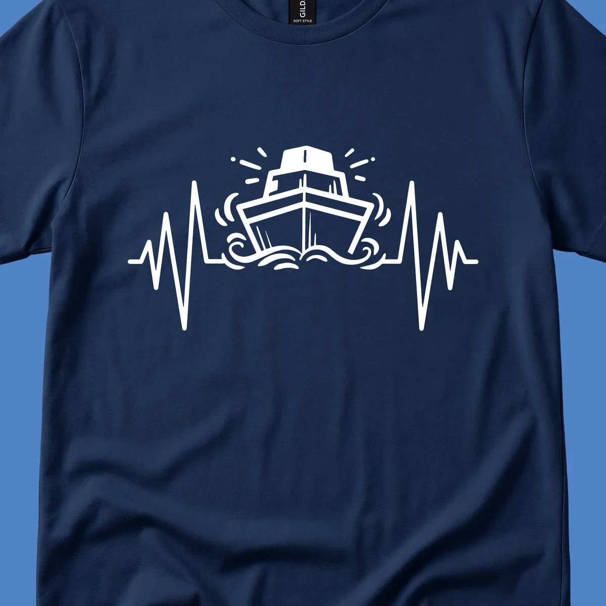 White line illustration of a cruise ship with heartbeat EKG lines extending from both sides and ocean waves below, on gray background.