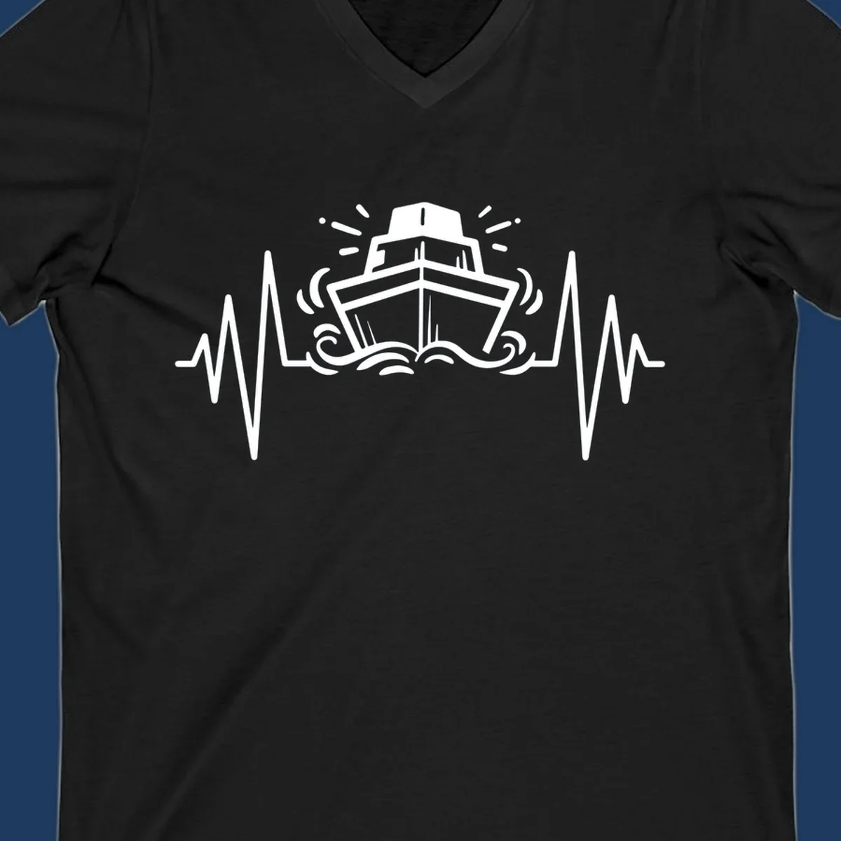 White line illustration of a cruise ship with heartbeat EKG lines extending from both sides and ocean waves below, on gray background.