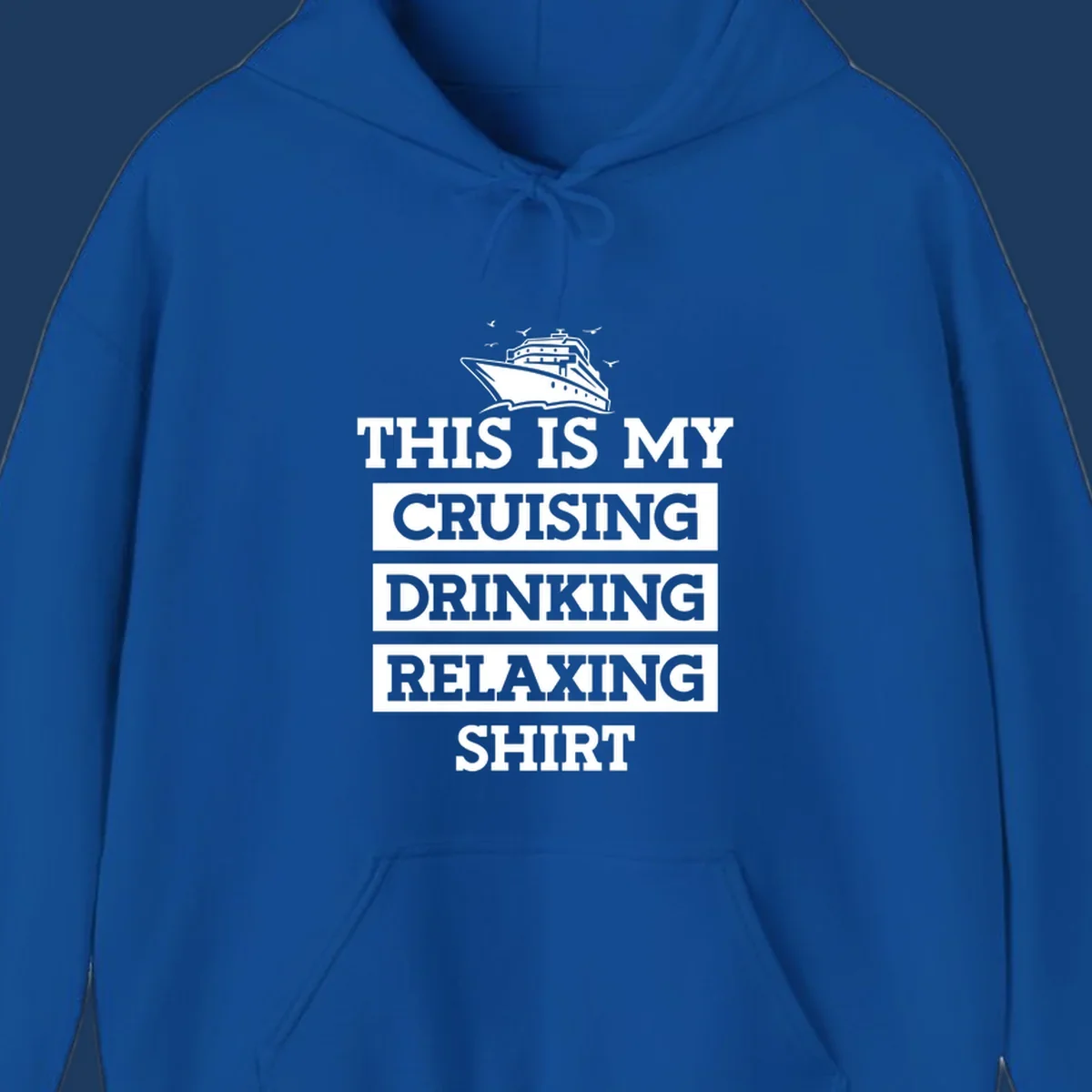 Gray shirt design with white cruise ship illustration and text reading 'This Is My Cruising Drinking Relaxing Shirt'