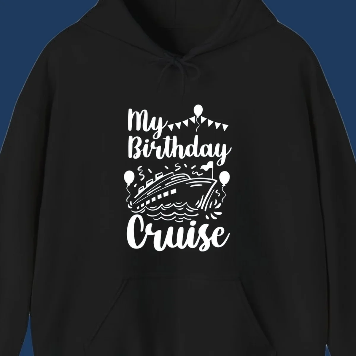 Birthday cruise celebration design with ship, waves, balloons and bunting flags with text 'My Birthday Cruise'