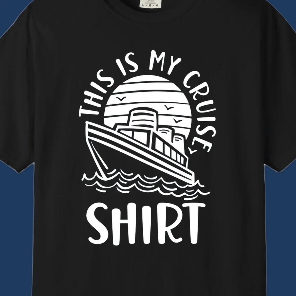 Vintage-style cruise ship illustration with circular striped background and 'This Is My Cruise Ship' text wrapping around the design
