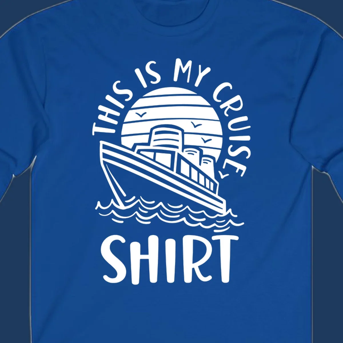 Vintage-style cruise ship illustration with circular striped background and 'This Is My Cruise Ship' text wrapping around the design
