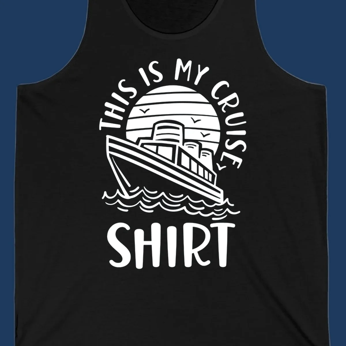 Vintage-style cruise ship illustration with circular striped background and 'This Is My Cruise Ship' text wrapping around the design