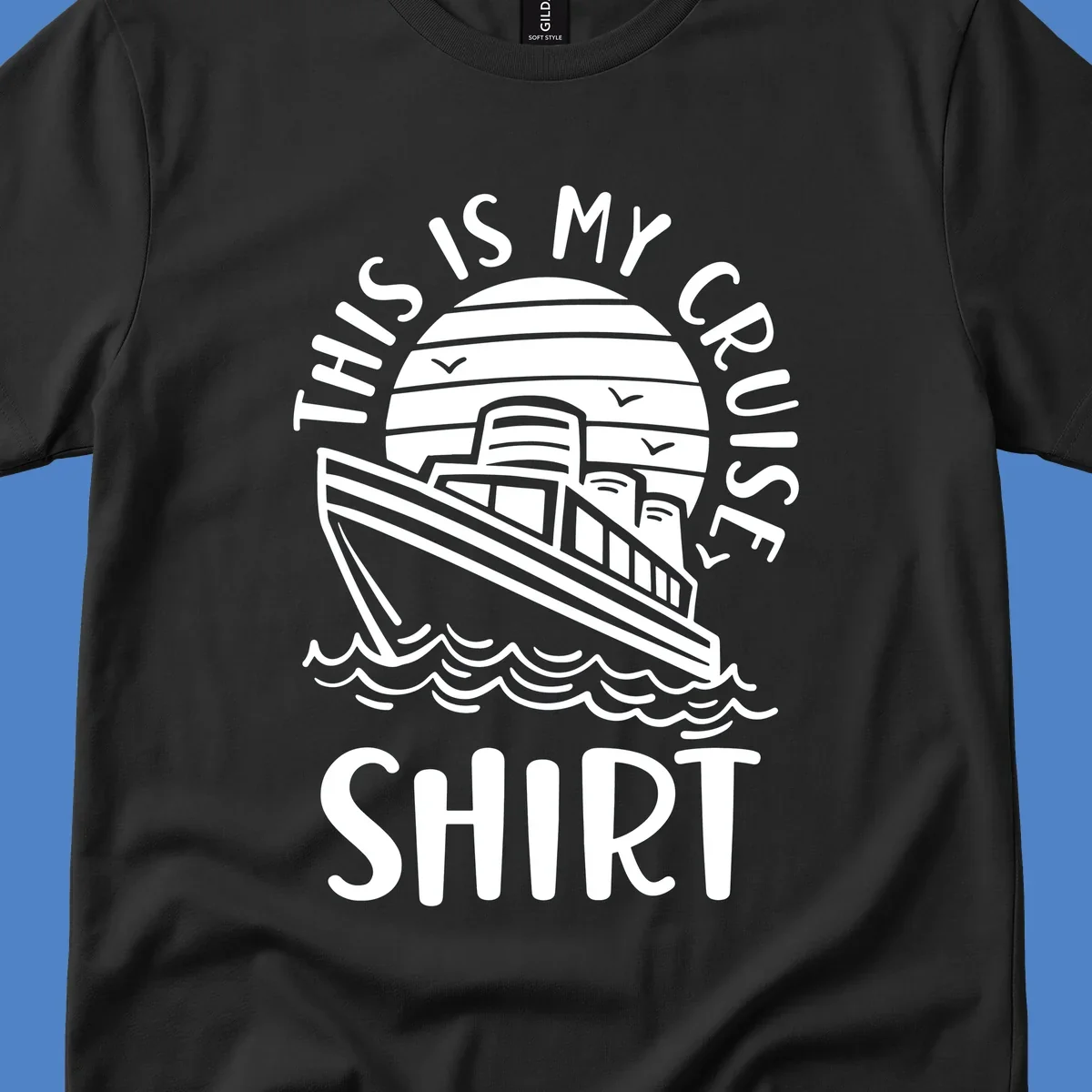 Vintage-style cruise ship illustration with circular striped background and 'This Is My Cruise Ship' text wrapping around the design