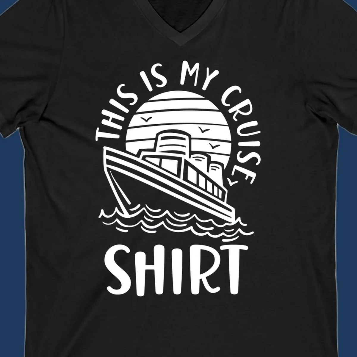 Vintage-style cruise ship illustration with circular striped background and 'This Is My Cruise Ship' text wrapping around the design