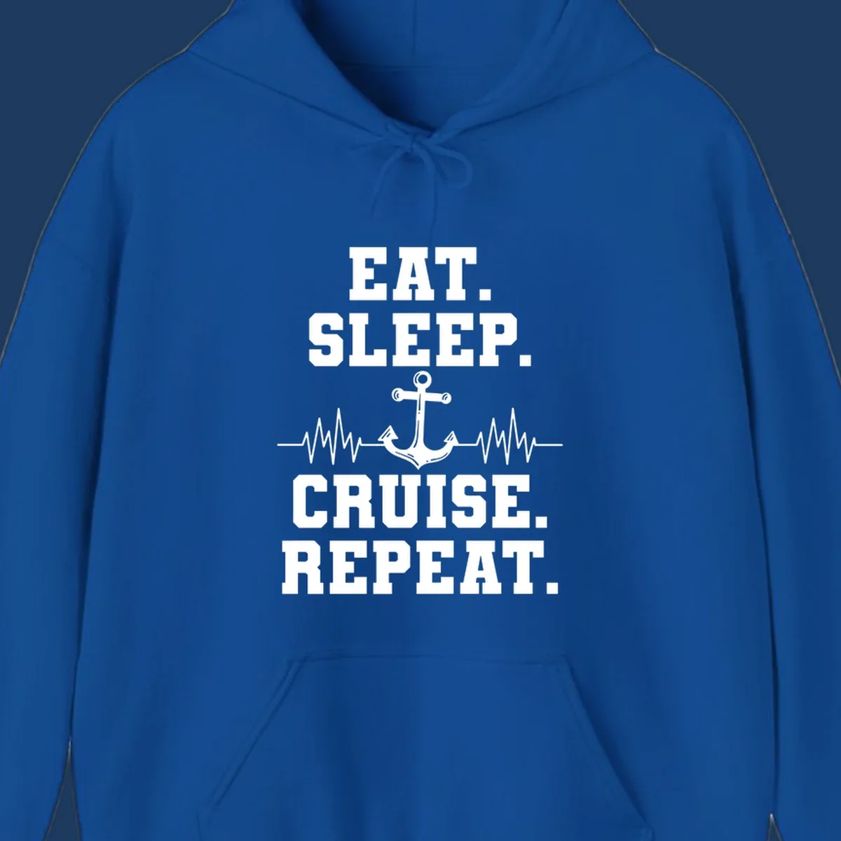 White text reading 'Eat Sleep Cruise Repeat' with anchor and heartbeat pulse line design on gray background