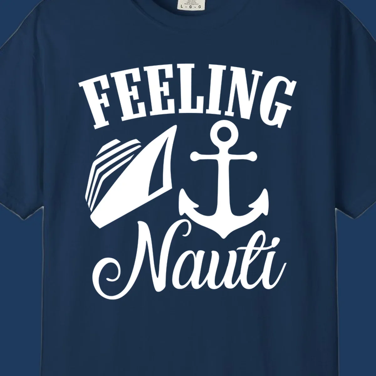 White anchor and sailboat illustration with 'FEELING NAUTI' text on gray background, nautical cruise design