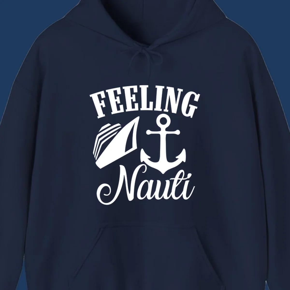 White anchor and sailboat illustration with 'FEELING NAUTI' text on gray background, nautical cruise design