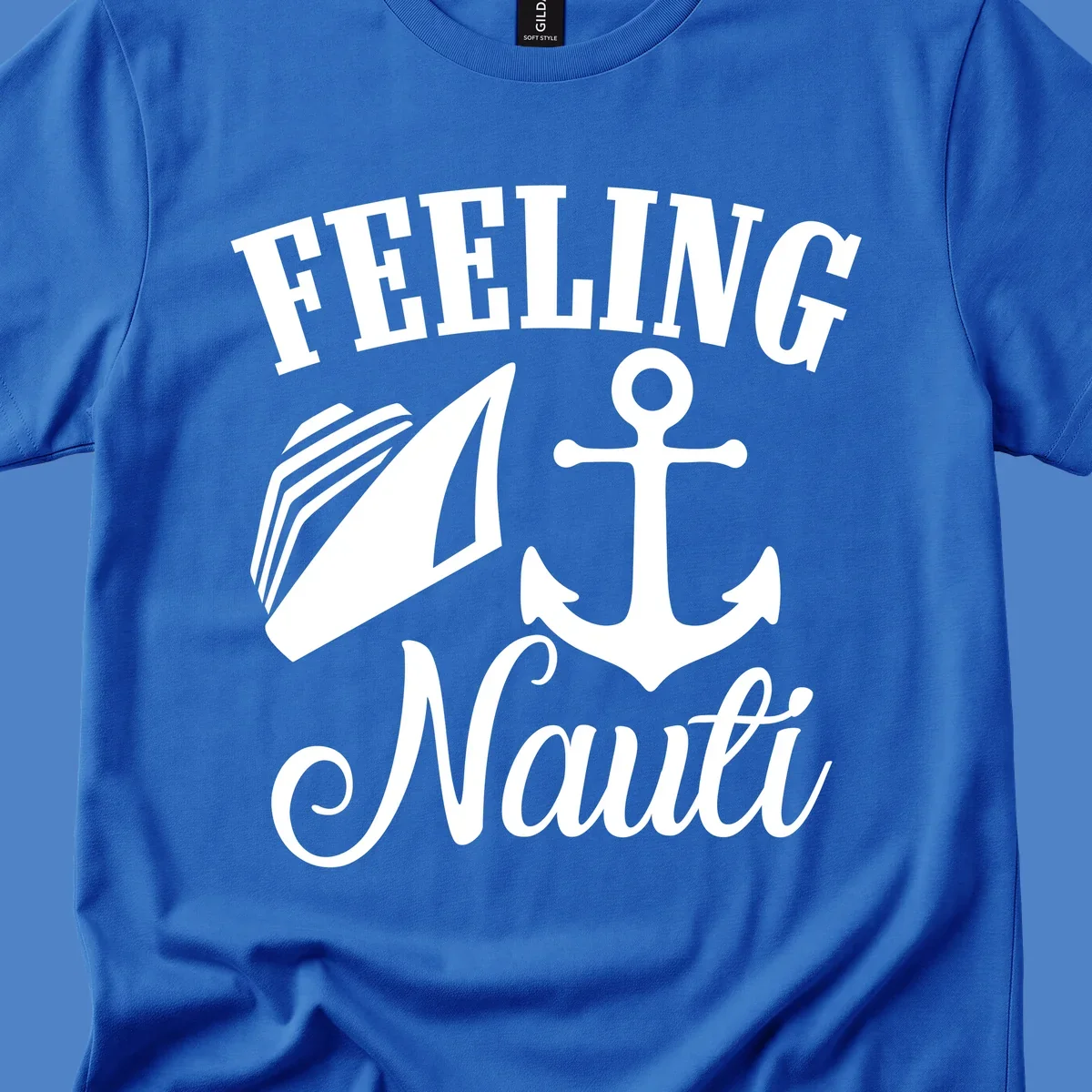 White anchor and sailboat illustration with 'FEELING NAUTI' text on gray background, nautical cruise design