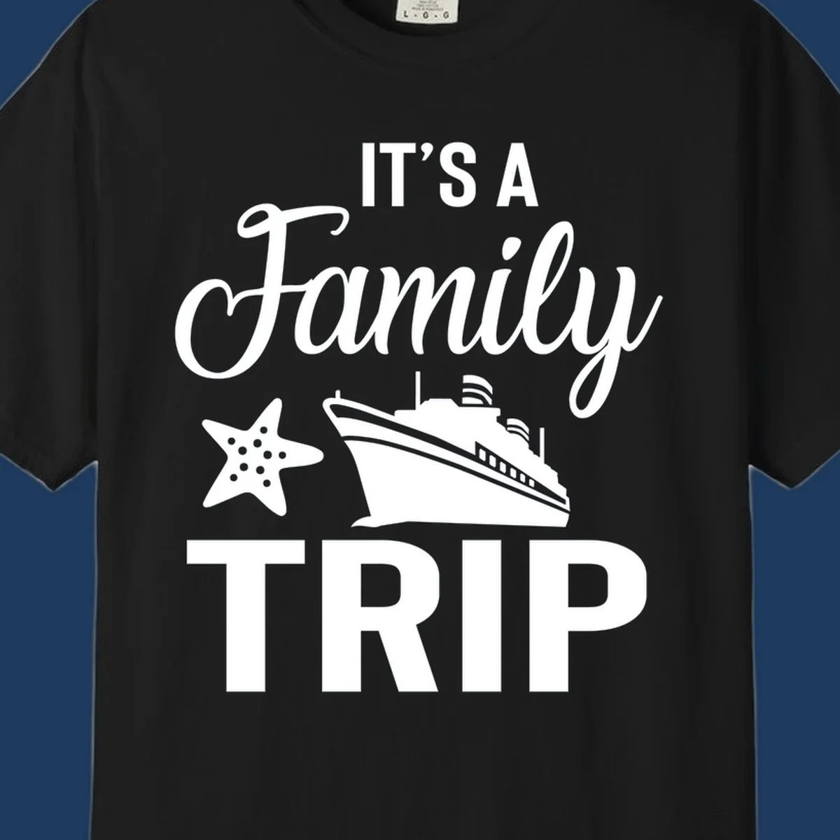White cruise ship and starfish with text reading 'It's A Family Trip' on gray background