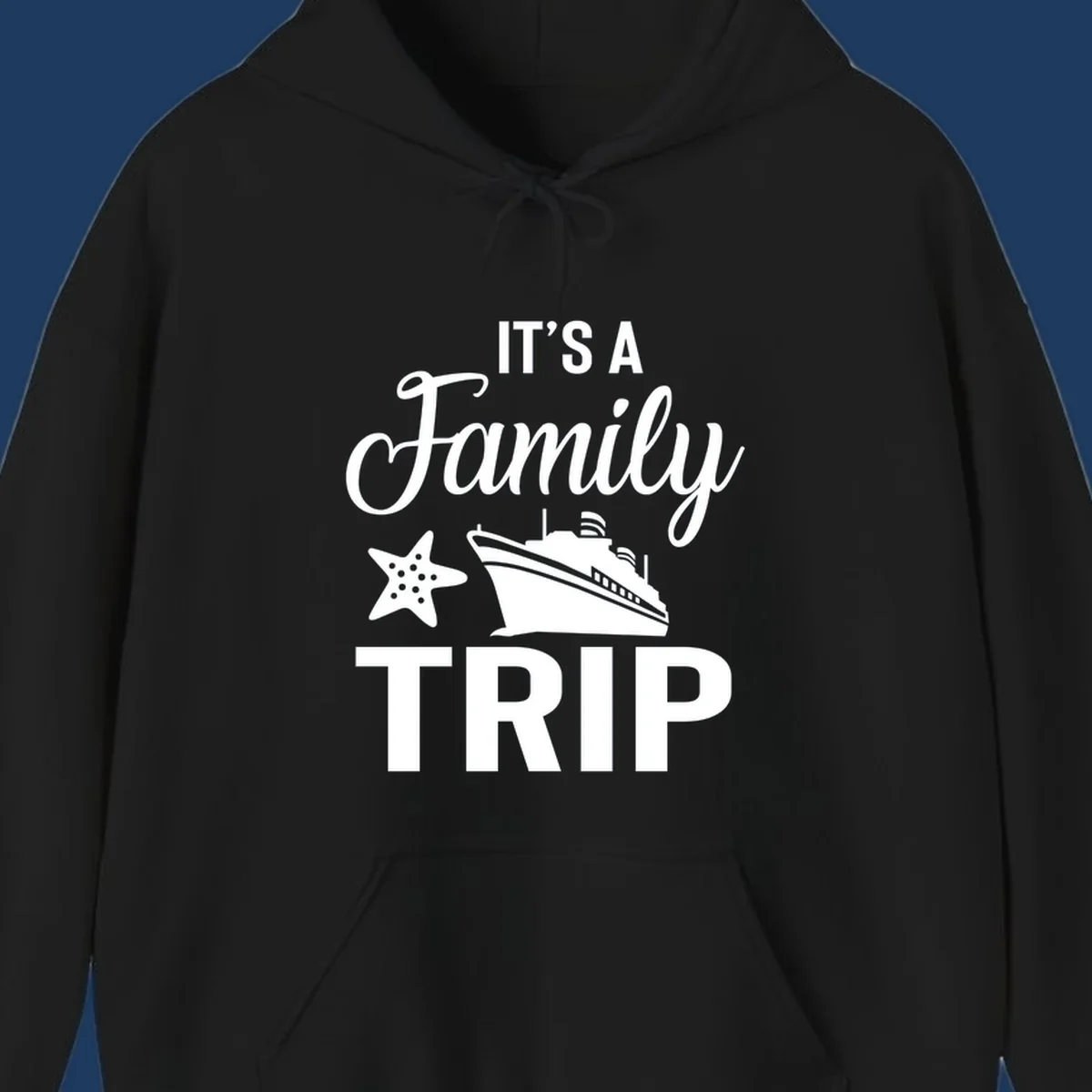 White cruise ship and starfish with text reading 'It's A Family Trip' on gray background