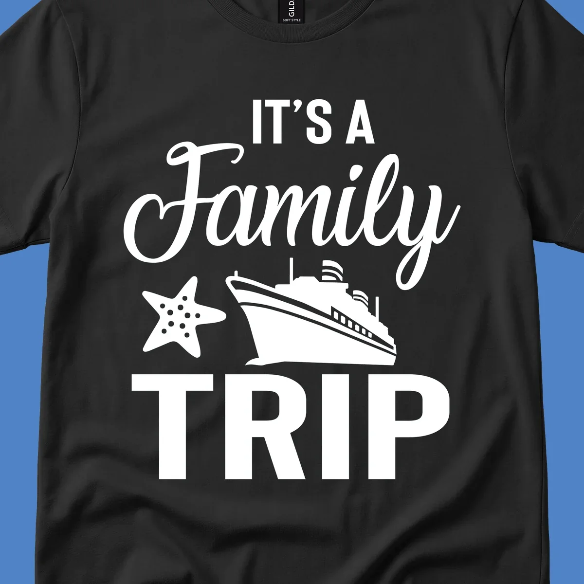 White cruise ship and starfish with text reading 'It's A Family Trip' on gray background