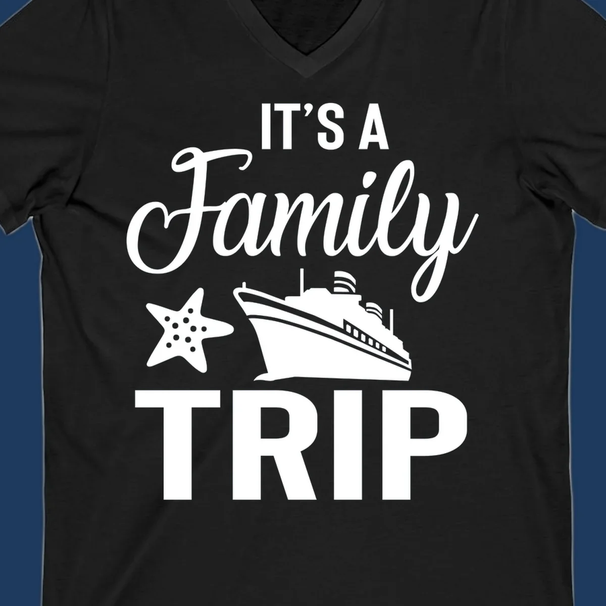 White cruise ship and starfish with text reading 'It's A Family Trip' on gray background
