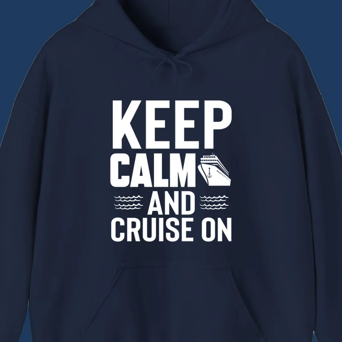 Keep calm and cruise on design with white text, cruise ship illustration, and ocean waves on gray background