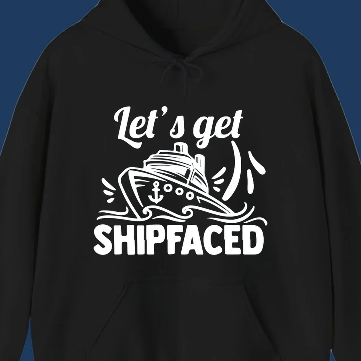 White illustration of a cruise ship with anchor and waves, text reads 'Let's get shipfaced' in bold italics on gray background