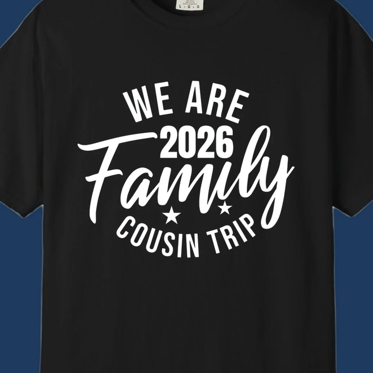 White text on gray background reading 'We Are 2026 Family Cousin Trip' with decorative stars, perfect for matching family cruise shirts.
