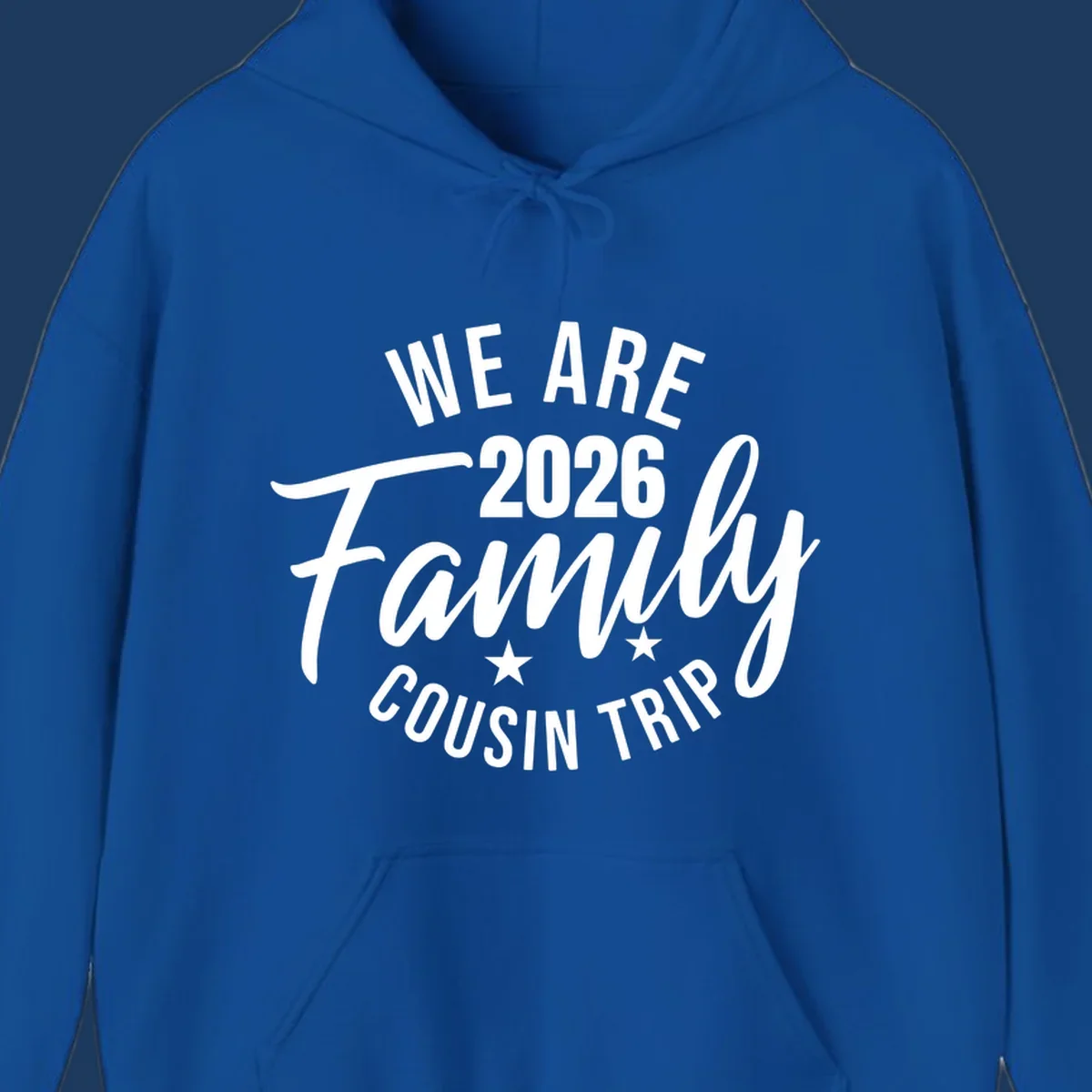 White text on gray background reading 'We Are 2026 Family Cousin Trip' with decorative stars, perfect for matching family cruise shirts.