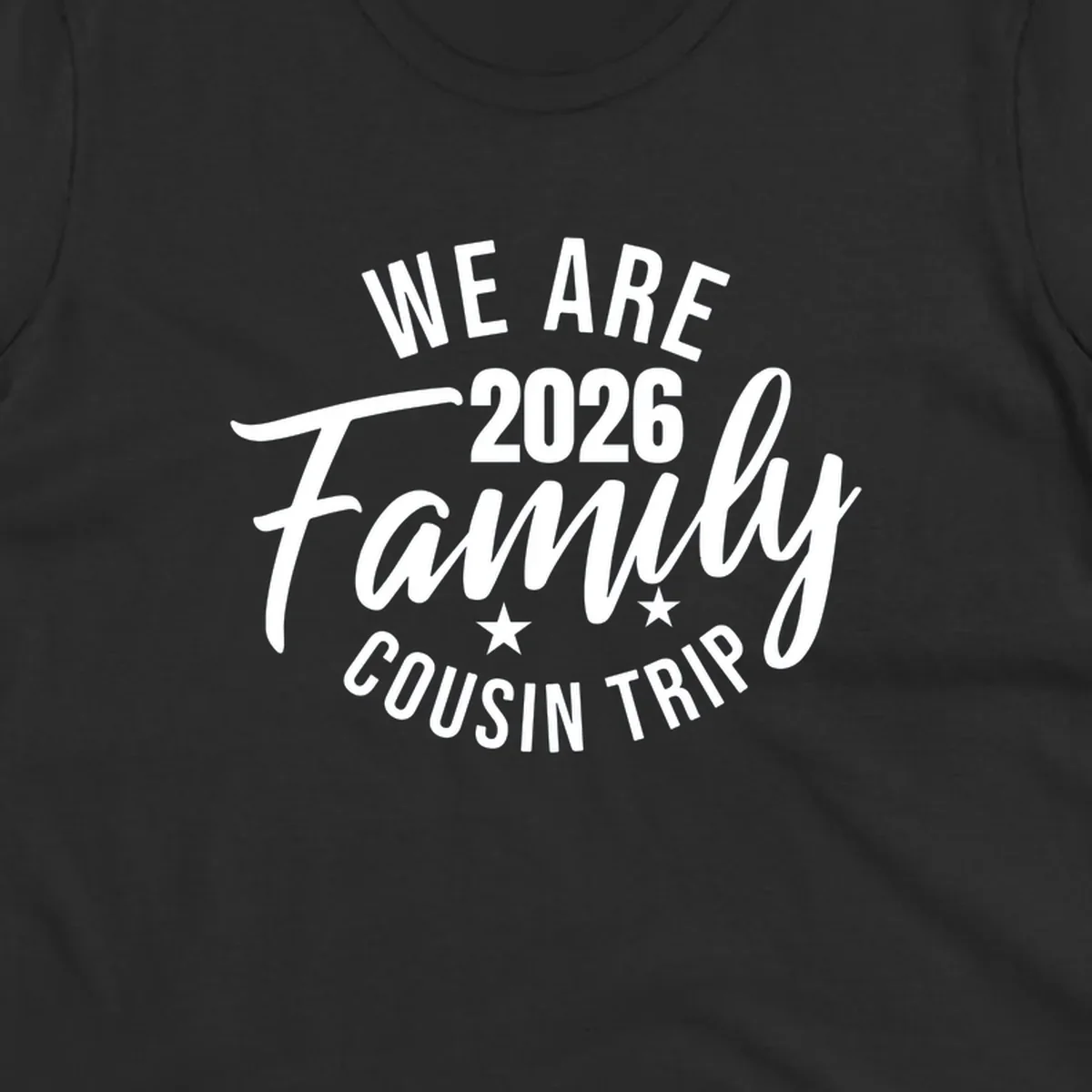 White text on gray background reading 'We Are 2026 Family Cousin Trip' with decorative stars, perfect for matching family cruise shirts.