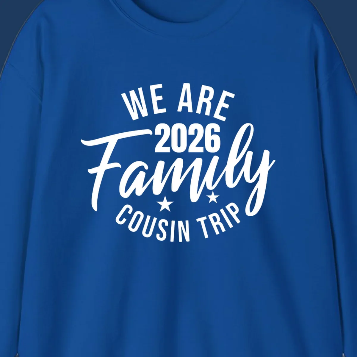 White text on gray background reading 'We Are 2026 Family Cousin Trip' with decorative stars, perfect for matching family cruise shirts.