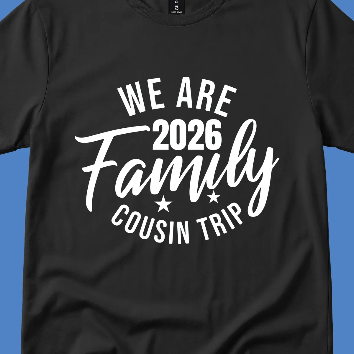 White text on gray background reading 'We Are 2026 Family Cousin Trip' with decorative stars, perfect for matching family cruise shirts.