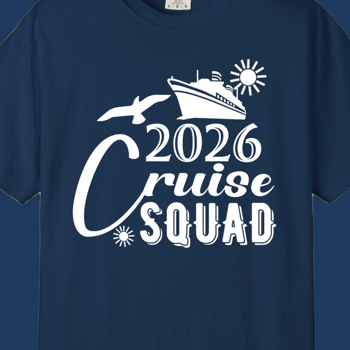 2026 Cruise Squad design with cruise ship, flying fish, and sun on gray background