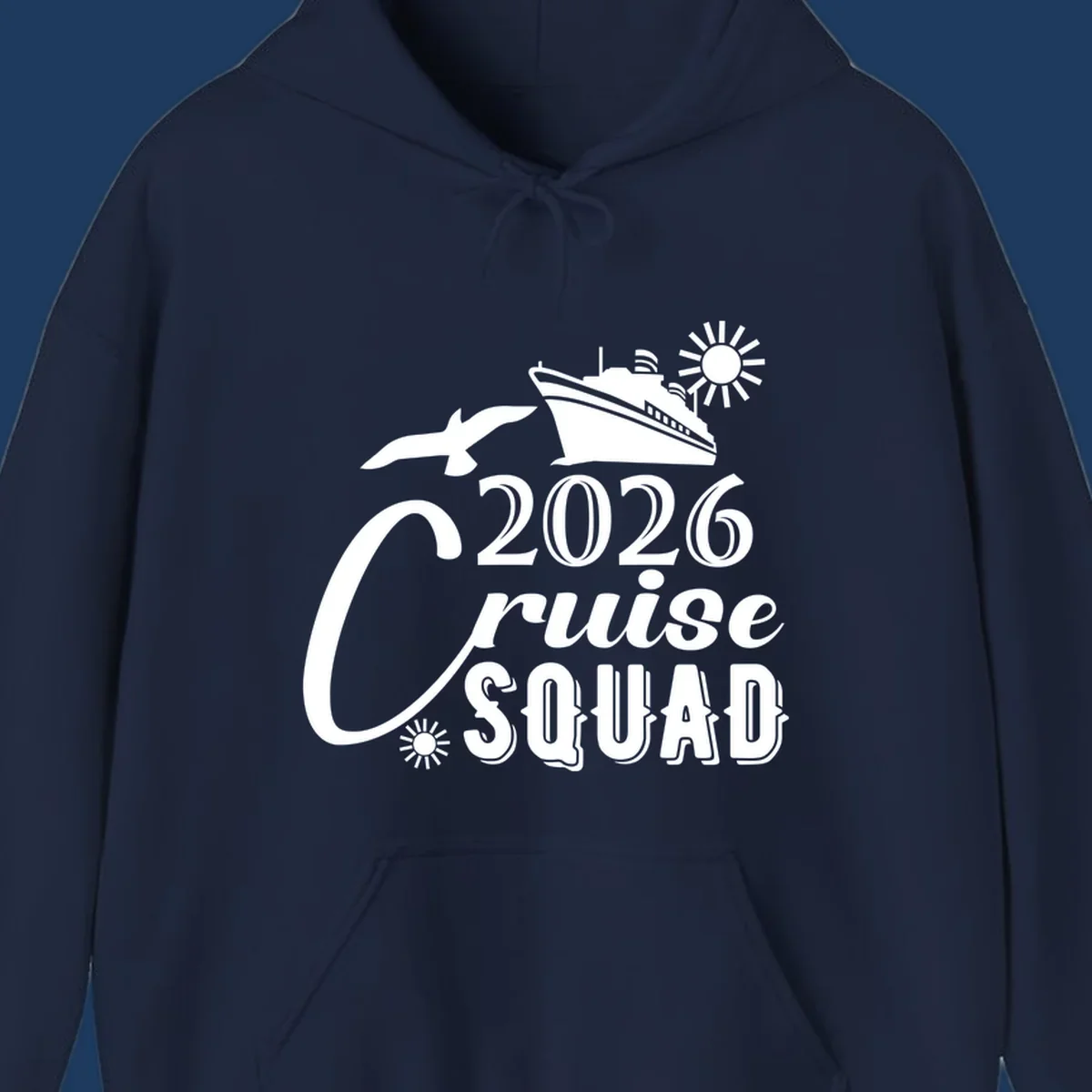 2026 Cruise Squad design with cruise ship, flying fish, and sun on gray background
