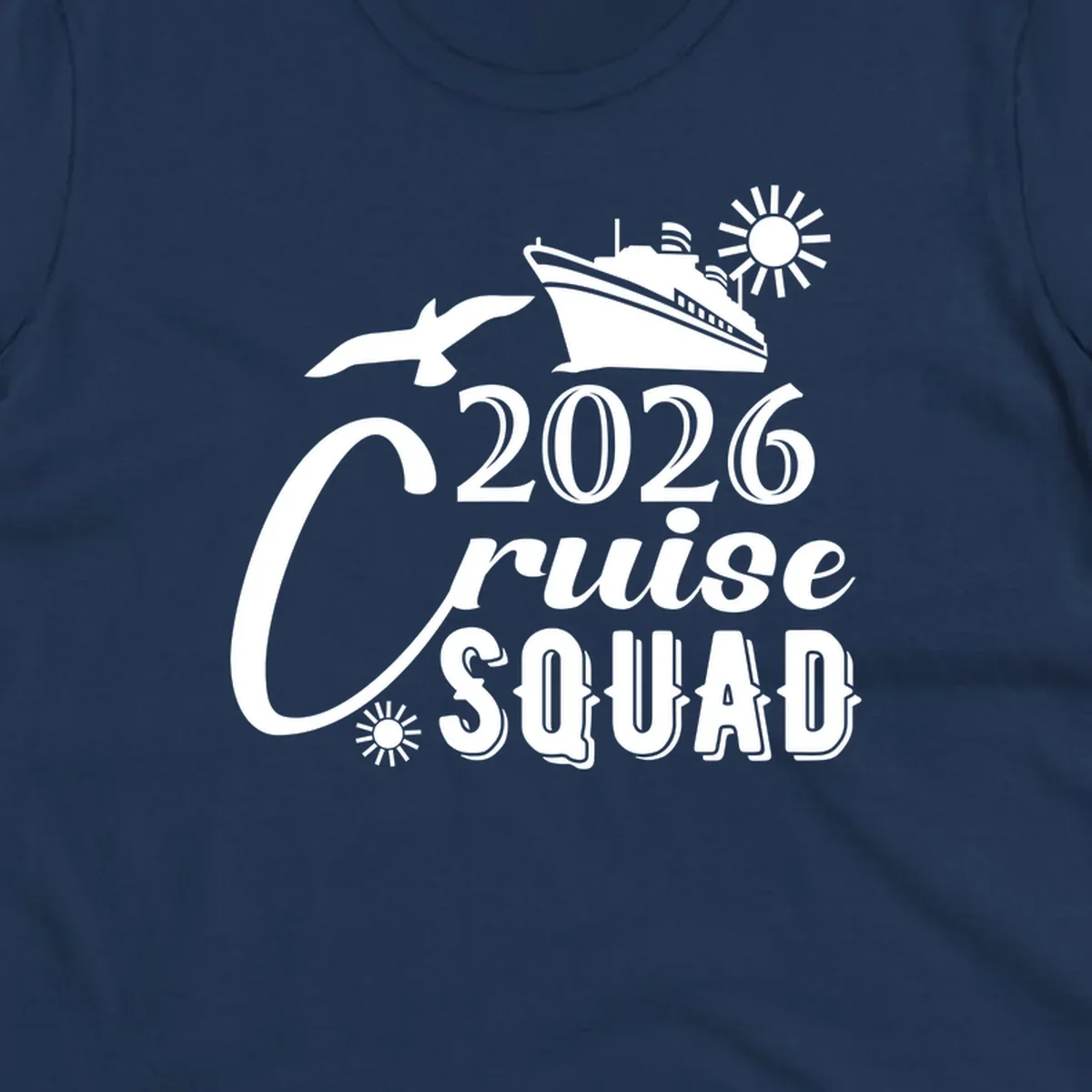 2026 Cruise Squad design with cruise ship, flying fish, and sun on gray background