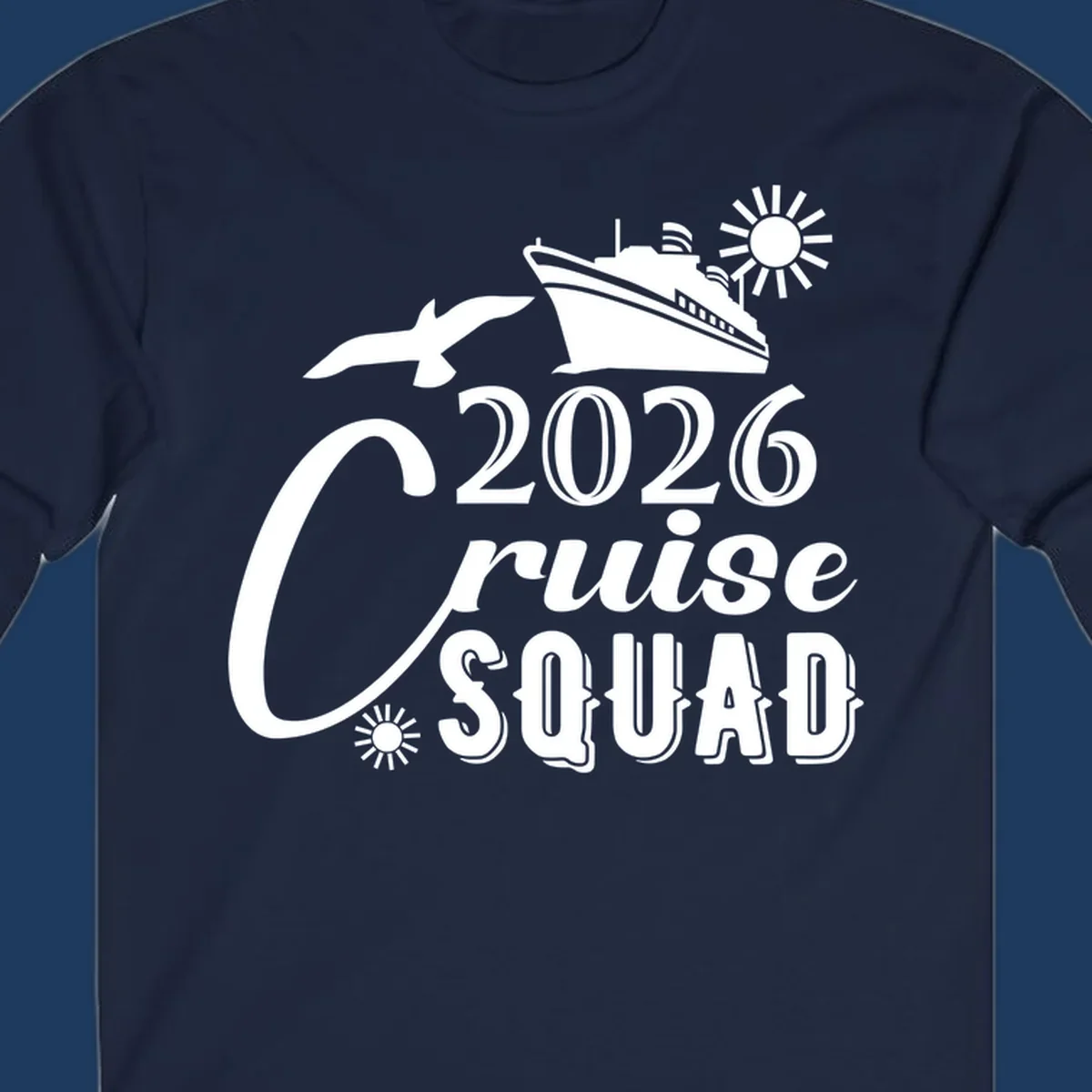 2026 Cruise Squad design with cruise ship, flying fish, and sun on gray background