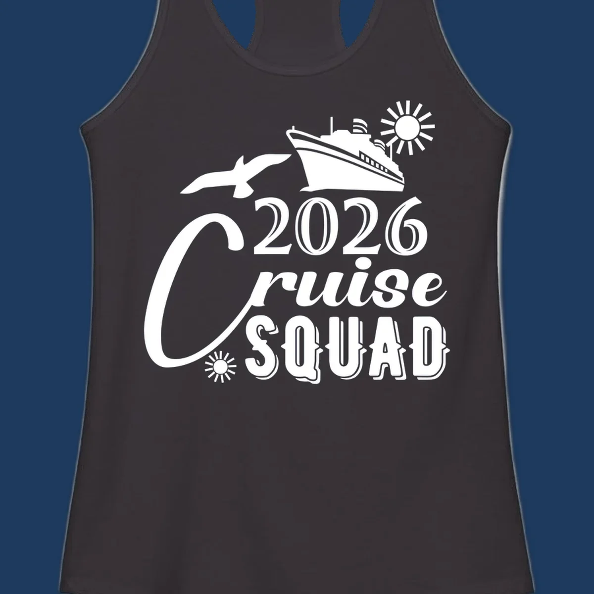 2026 Cruise Squad design with cruise ship, flying fish, and sun on gray background