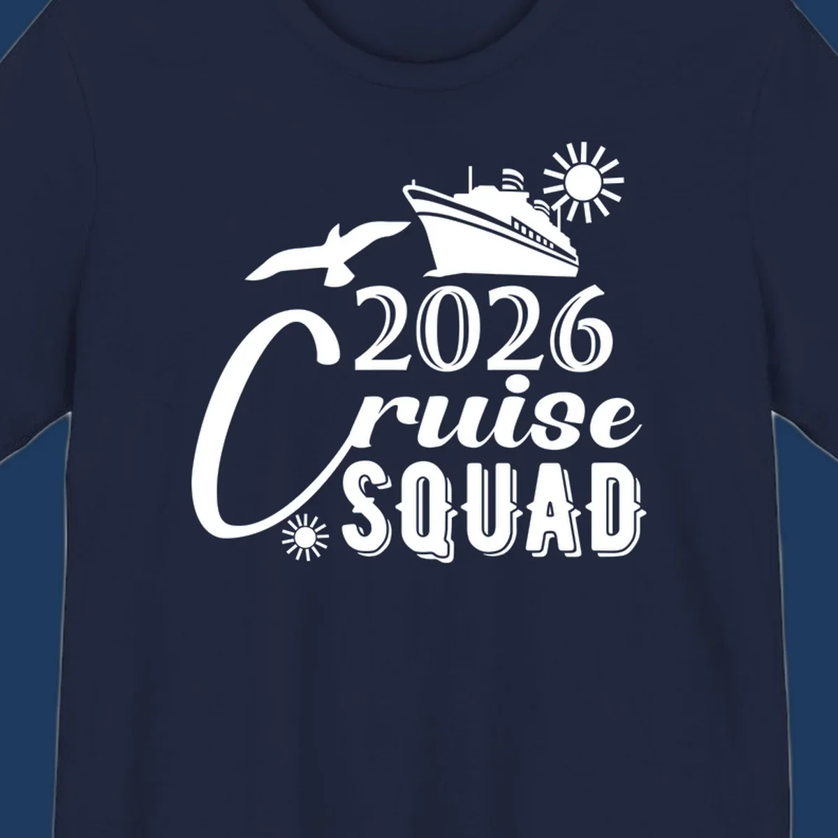 2026 Cruise Squad design with cruise ship, flying fish, and sun on gray background