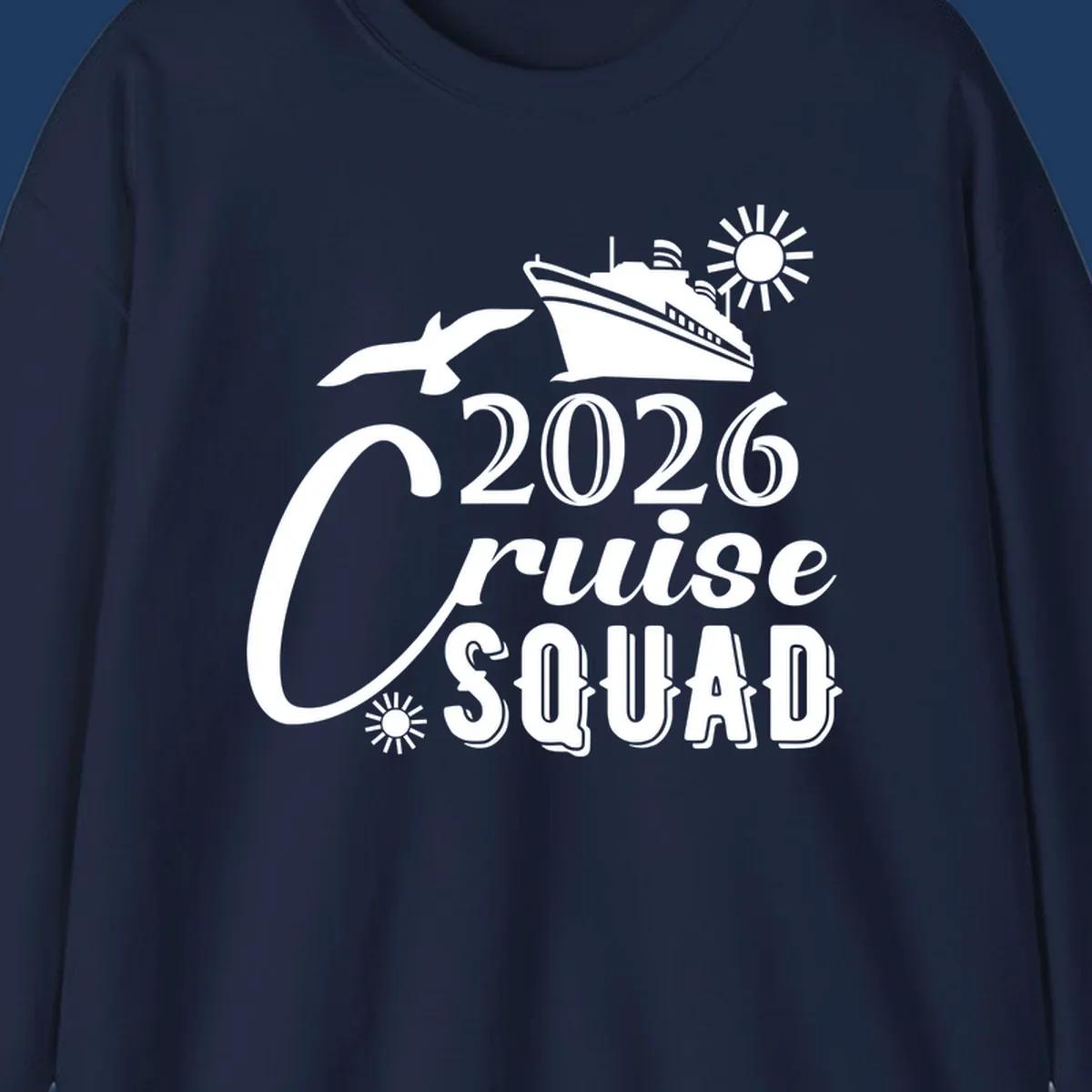 2026 Cruise Squad design with cruise ship, flying fish, and sun on gray background