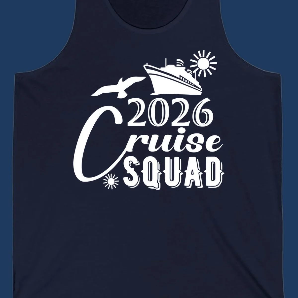 2026 Cruise Squad design with cruise ship, flying fish, and sun on gray background