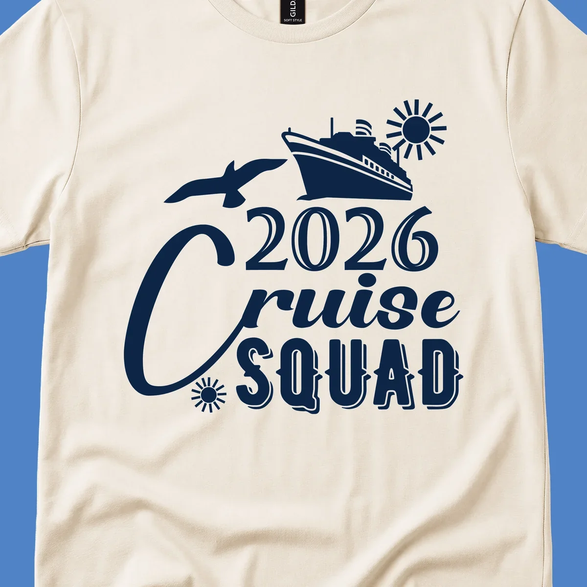2026 Cruise Squad design with cruise ship, flying fish, and sun on gray background