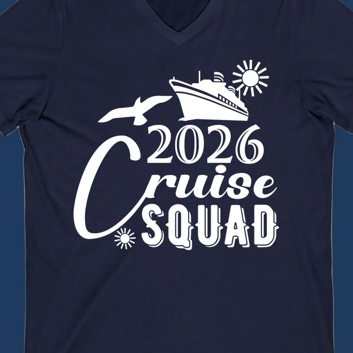 2026 Cruise Squad design with cruise ship, flying fish, and sun on gray background
