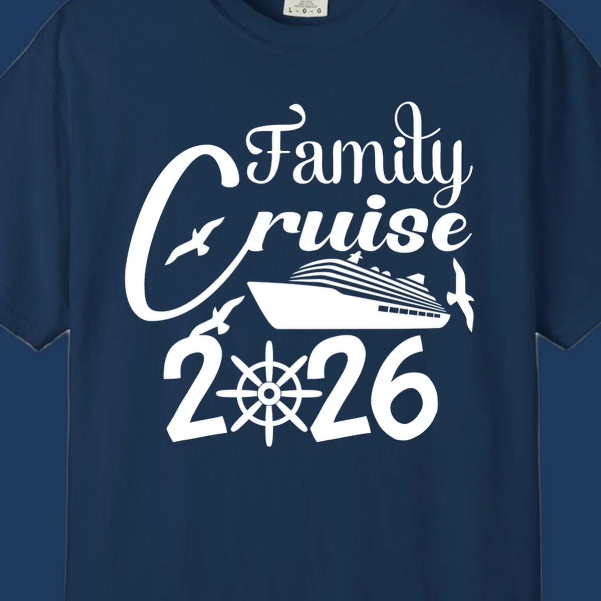 Family Cruise 2026 design with cruise ship, ship's wheel, and seagulls in white on gray background