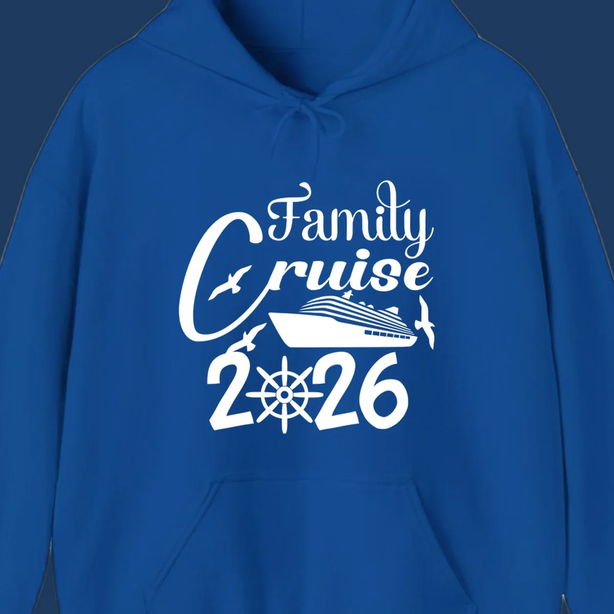 Family Cruise 2026 design with cruise ship, ship's wheel, and seagulls in white on gray background
