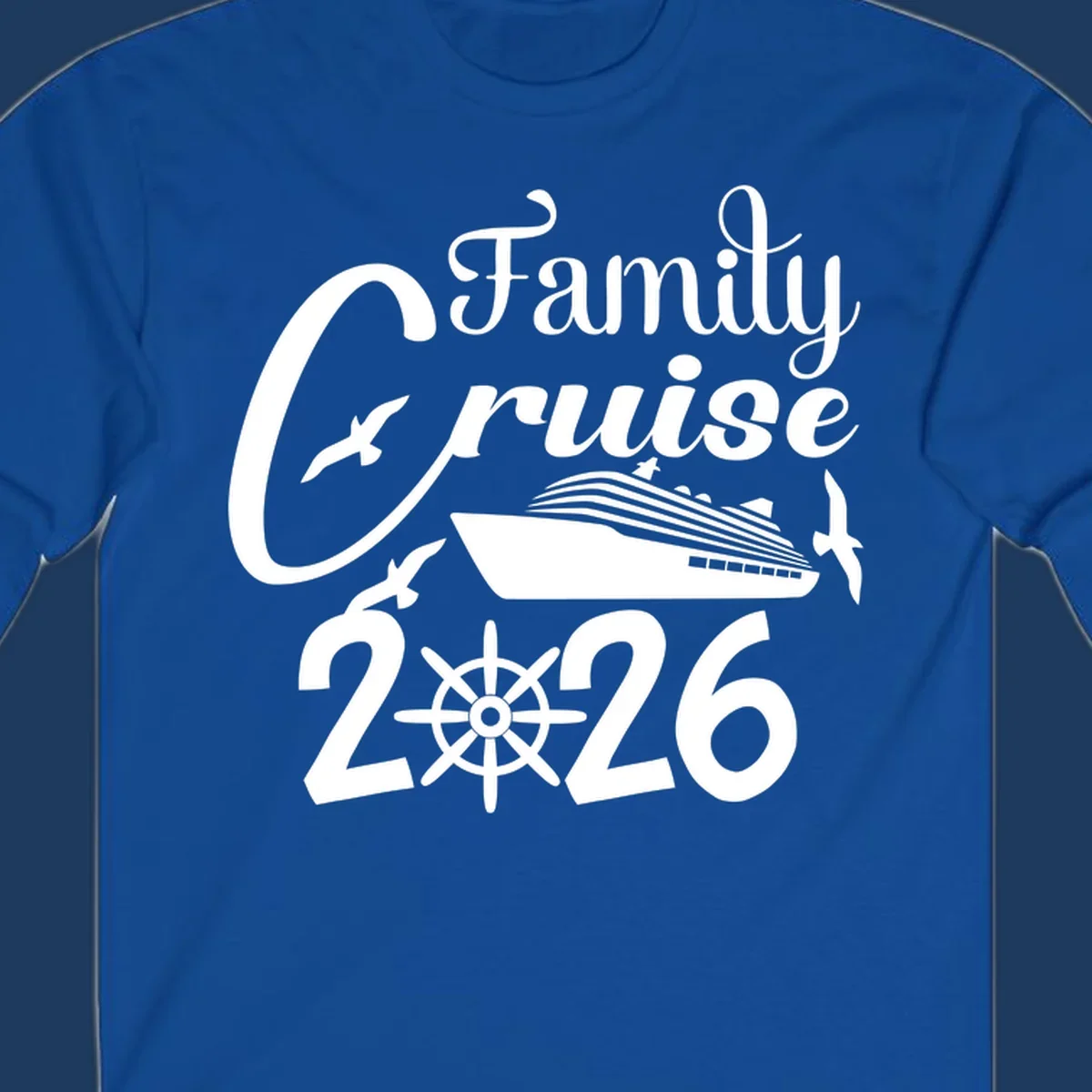 Family Cruise 2026 design with cruise ship, ship's wheel, and seagulls in white on gray background