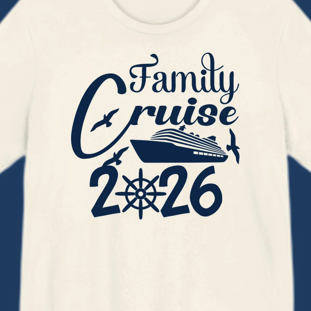 Family Cruise 2026 design with cruise ship, ship's wheel, and seagulls in white on gray background