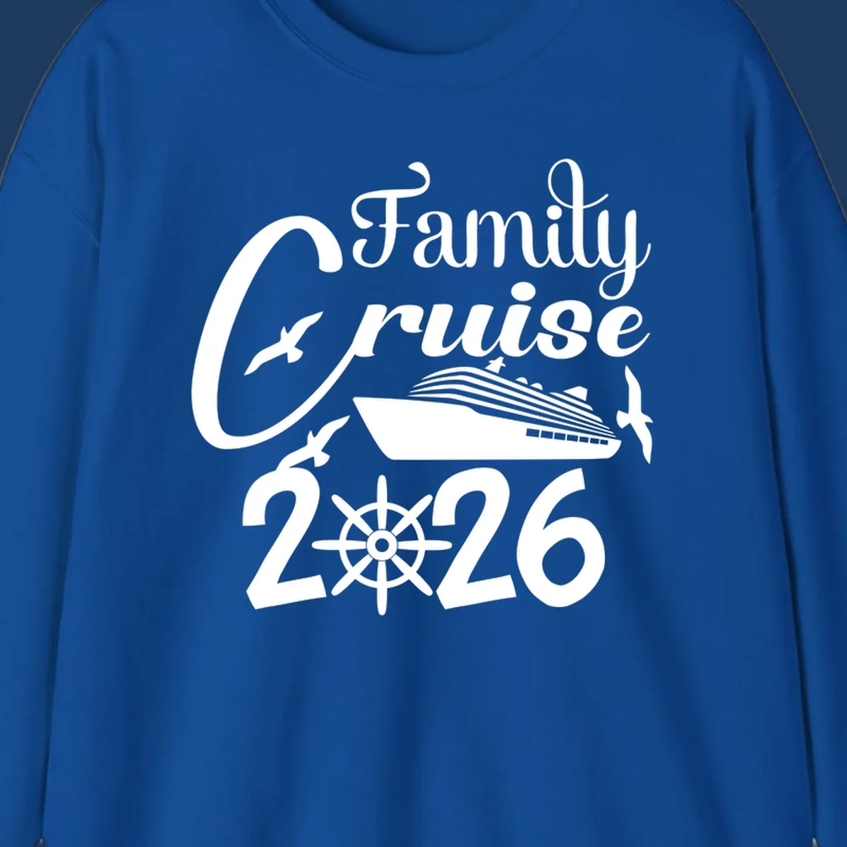Family Cruise 2026 design with cruise ship, ship's wheel, and seagulls in white on gray background