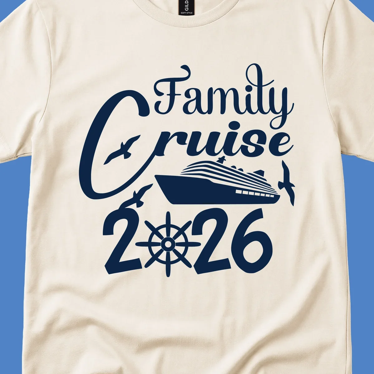 Family Cruise 2026 design with cruise ship, ship's wheel, and seagulls in white on gray background