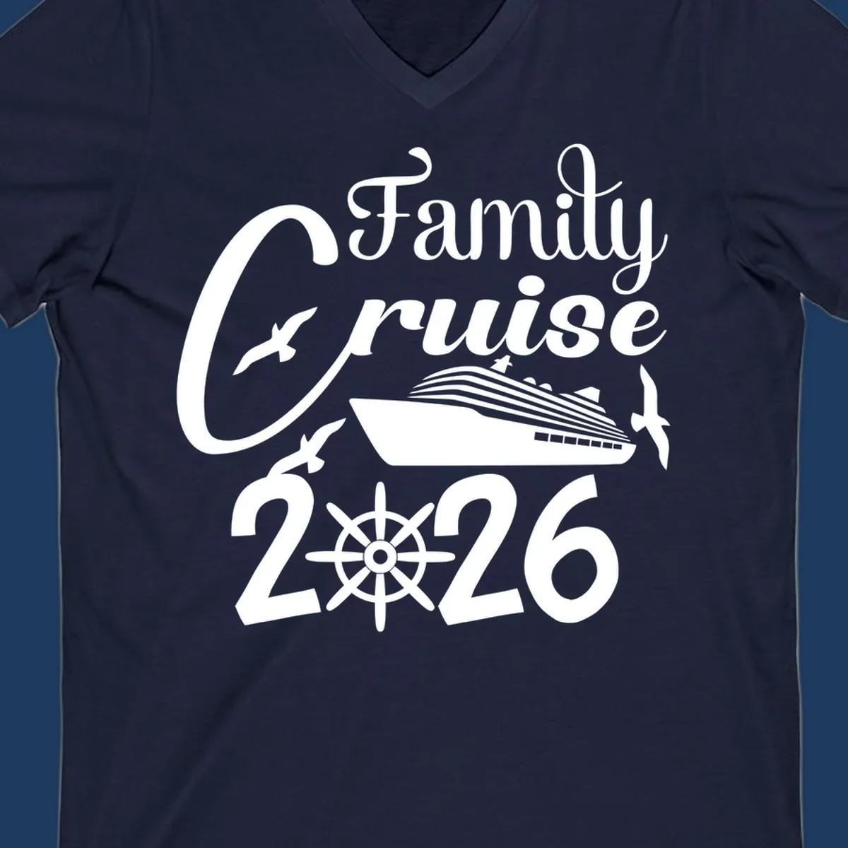 Family Cruise 2026 design with cruise ship, ship's wheel, and seagulls in white on gray background