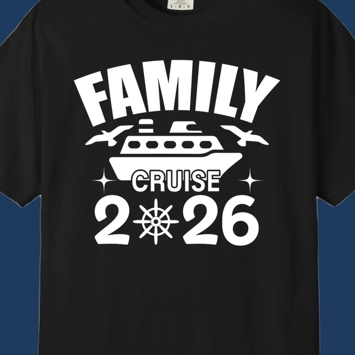 Family cruise 2026 design with ship illustration, ship's wheel, and nautical stars on gray background