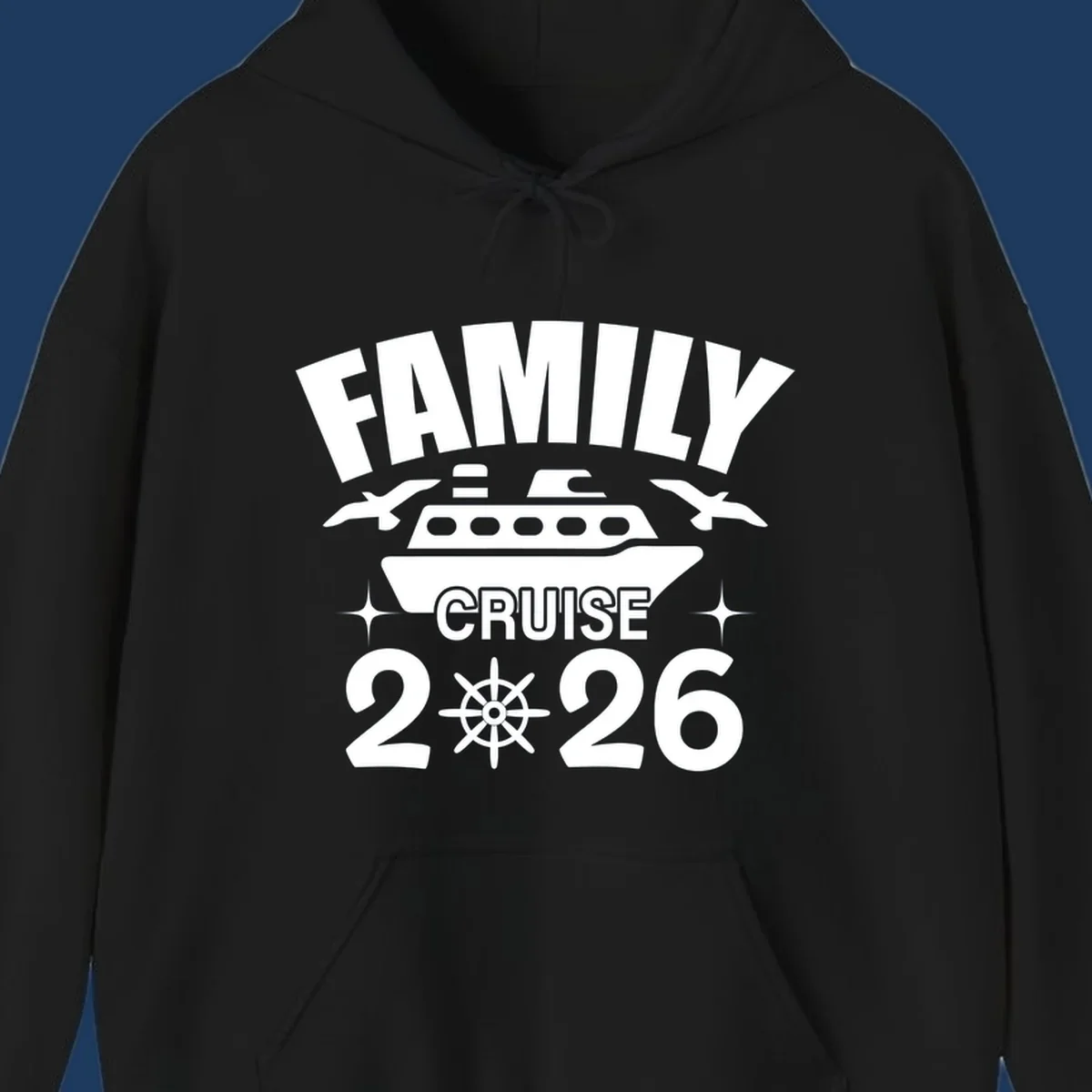 Family cruise 2026 design with ship illustration, ship's wheel, and nautical stars on gray background