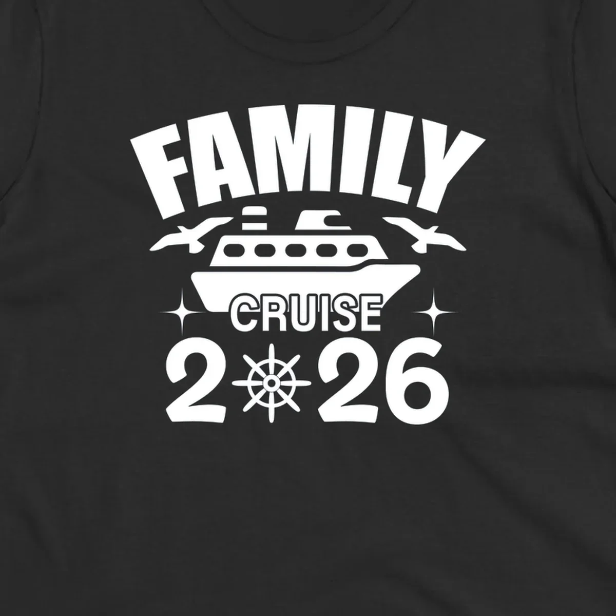 Family cruise 2026 design with ship illustration, ship's wheel, and nautical stars on gray background
