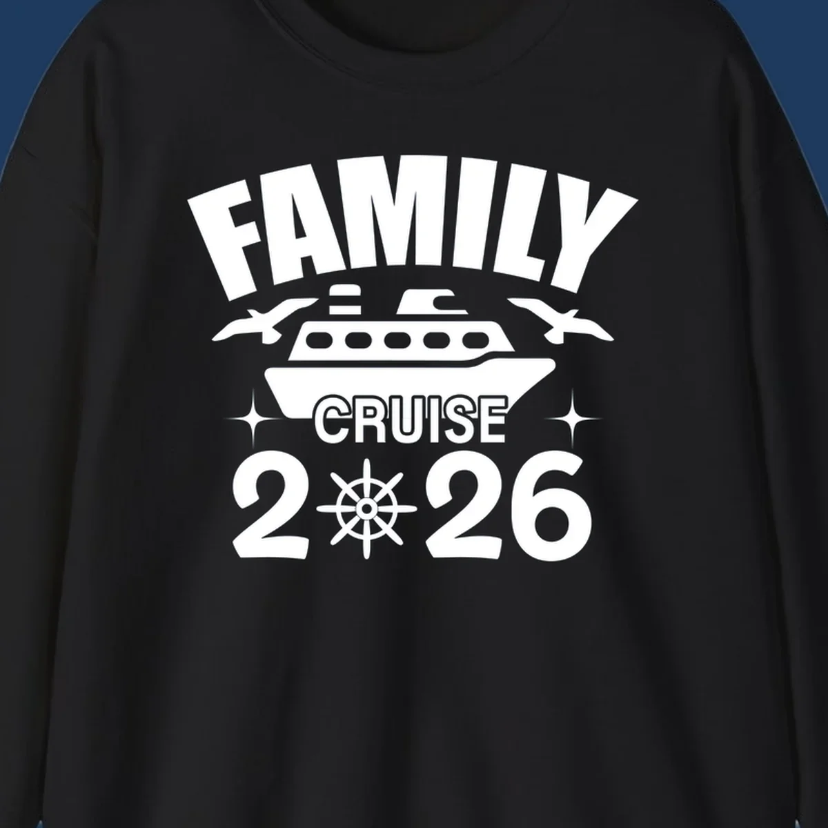 Family cruise 2026 design with ship illustration, ship's wheel, and nautical stars on gray background