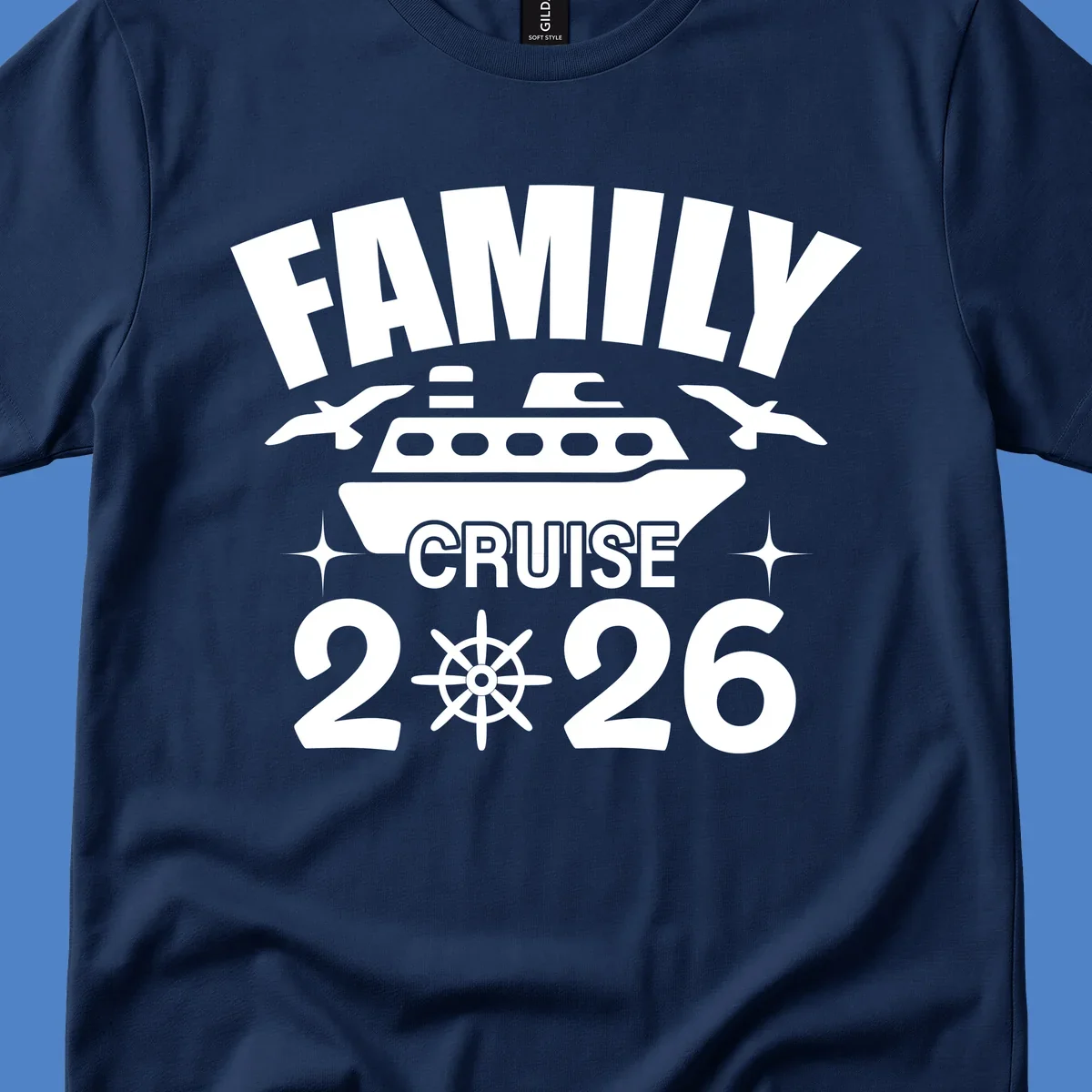 Family cruise 2026 design with ship illustration, ship's wheel, and nautical stars on gray background