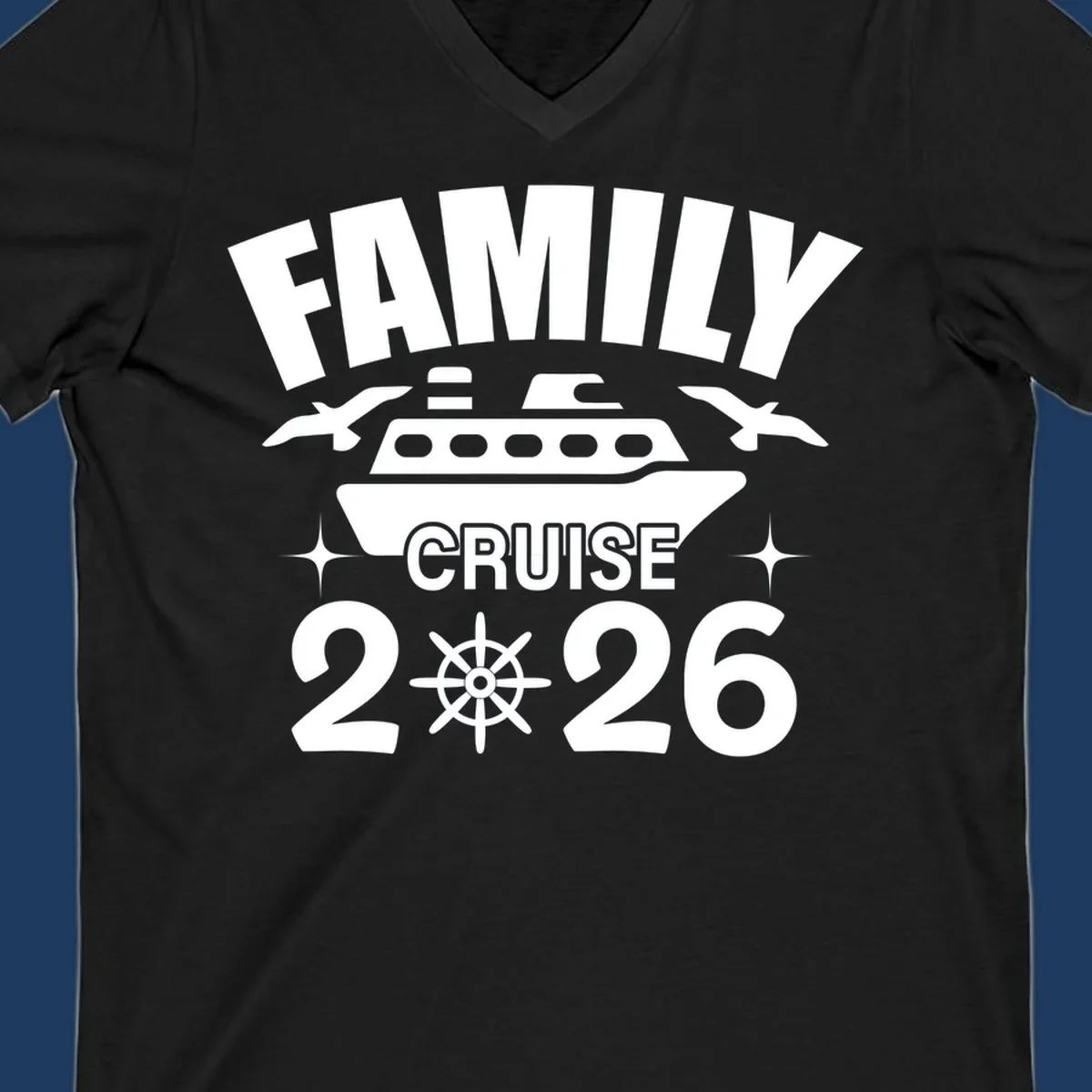 Family cruise 2026 design with ship illustration, ship's wheel, and nautical stars on gray background