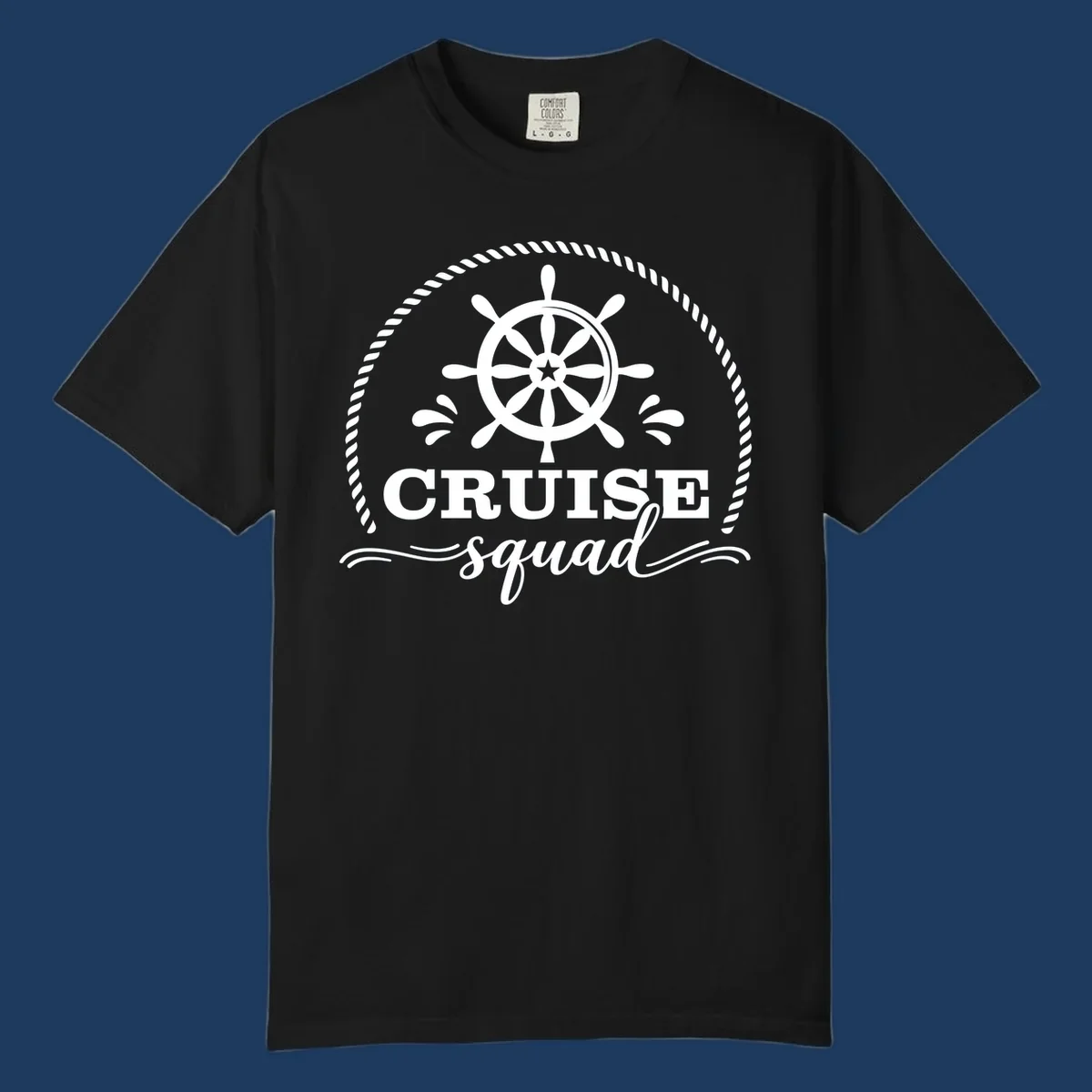 Cruise squad nautical badge with ship's wheel, rope border, and water splashes on gray background
