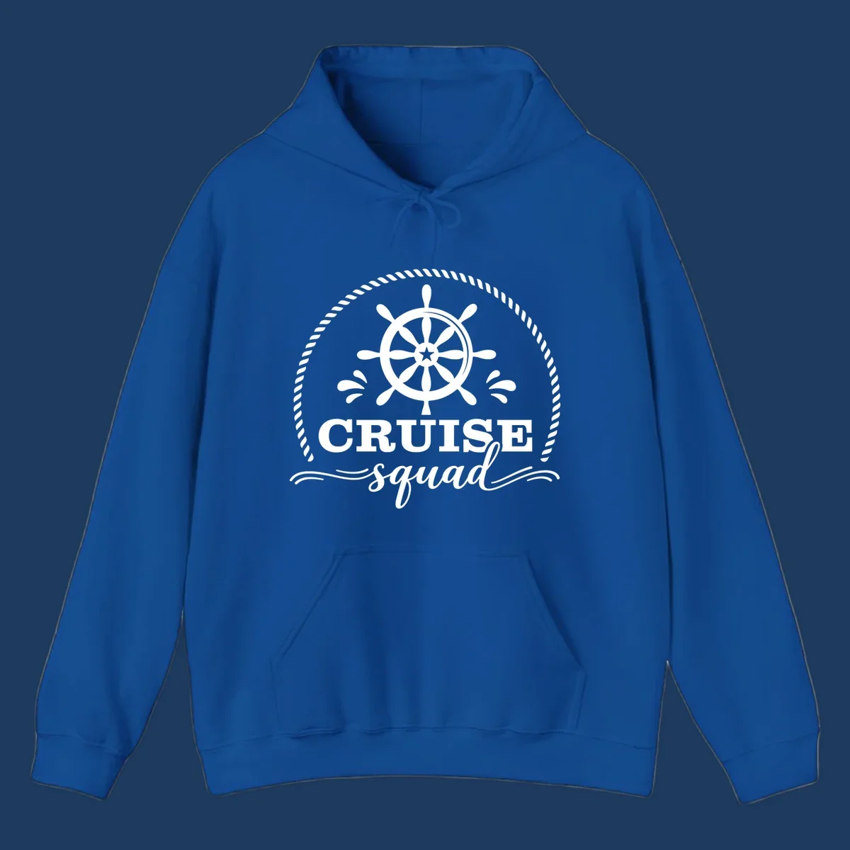 Cruise squad nautical badge with ship's wheel, rope border, and water splashes on gray background